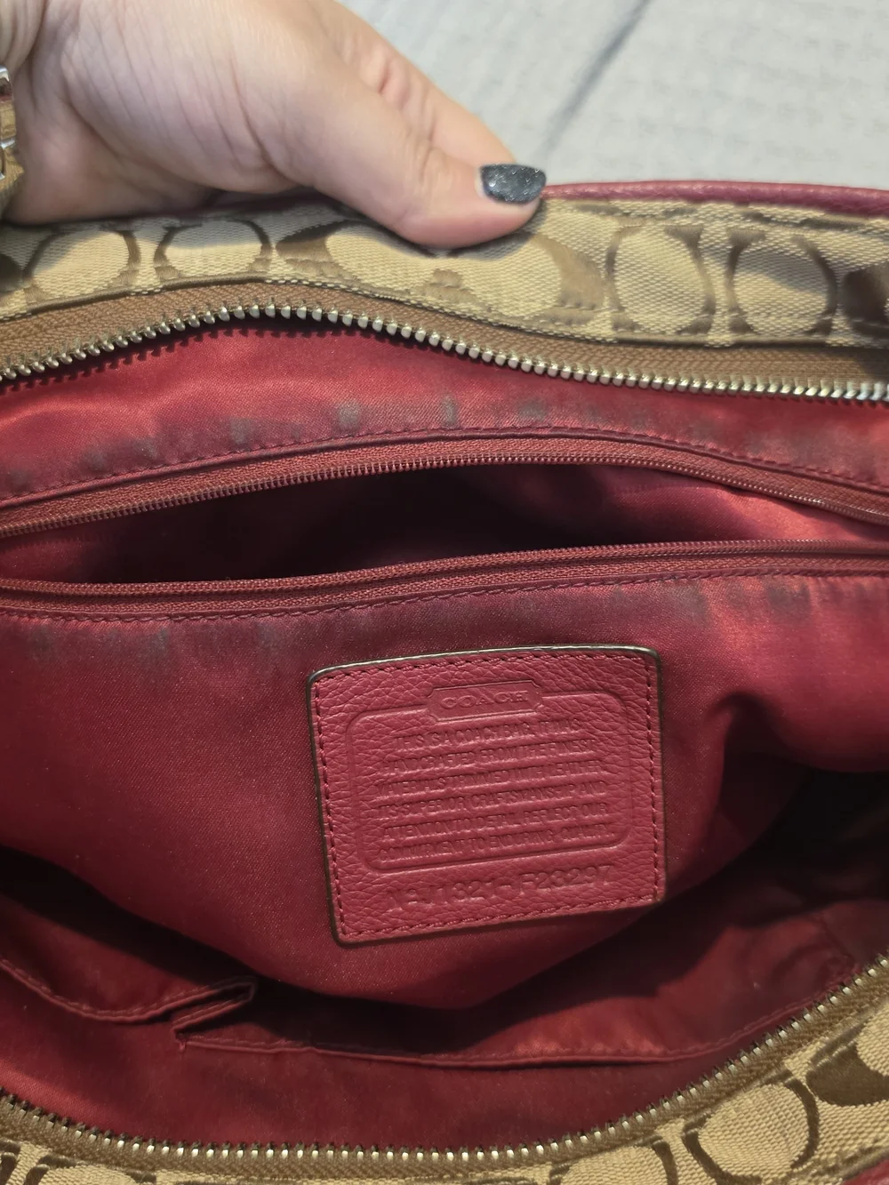 Coach Park Signature Carrie Tote Beige With Burgundy Trim